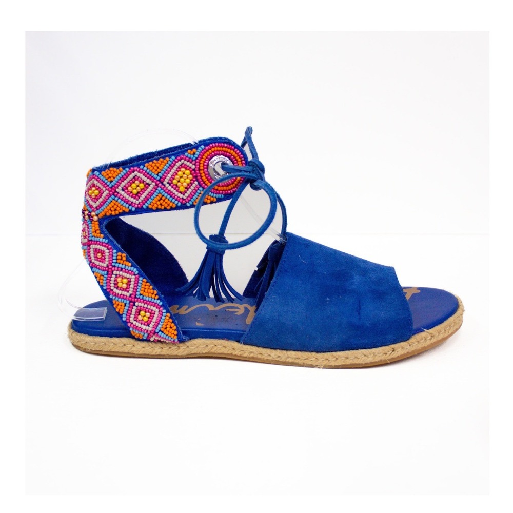 Sam Edelman Shae Beaded Espadrille Sandals Blue‎ Suede Sz 8.5